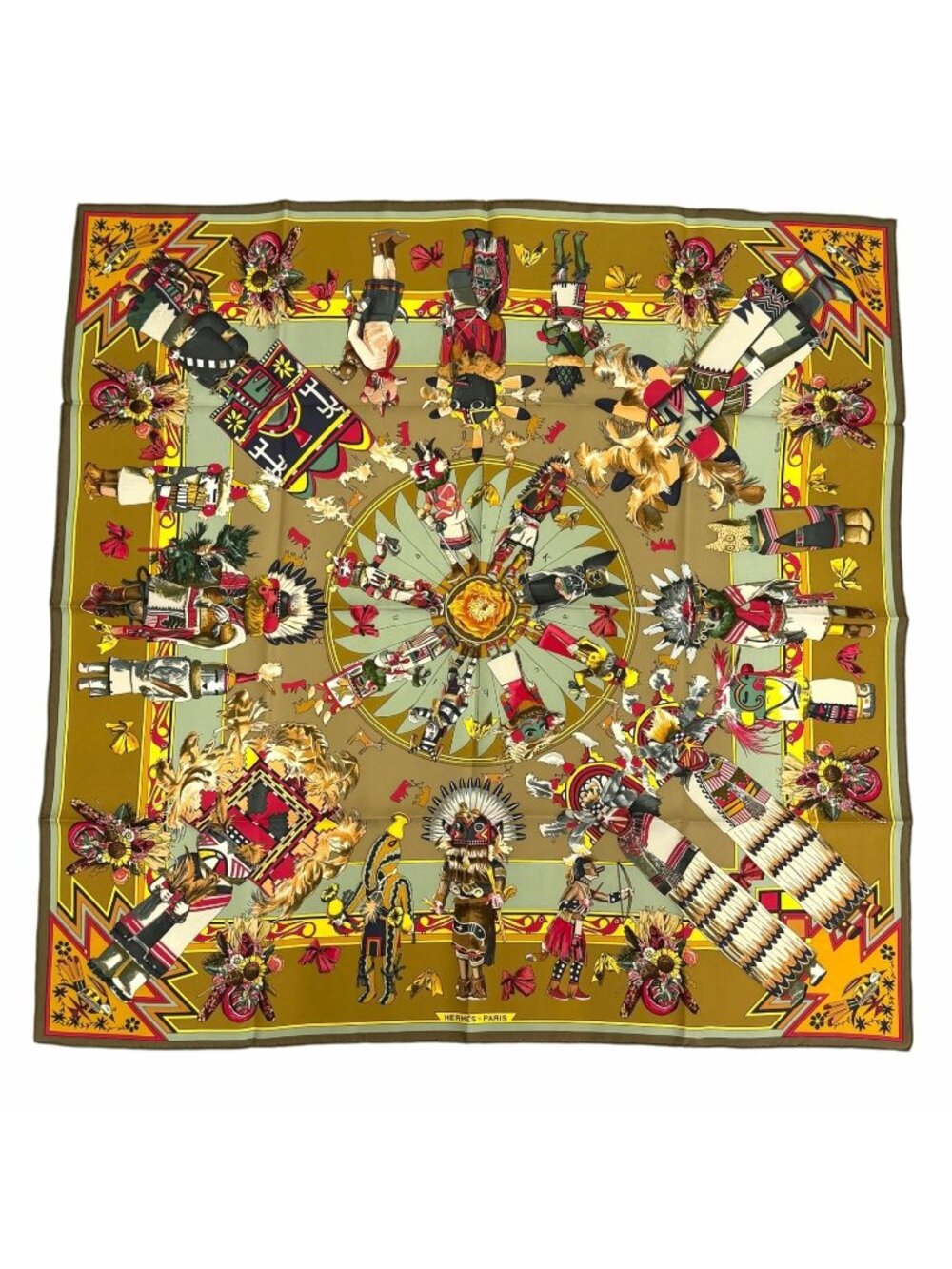 Hermes Kachinas Ethnicity Carre 90 Silk 100% Scarf Brown Khaki